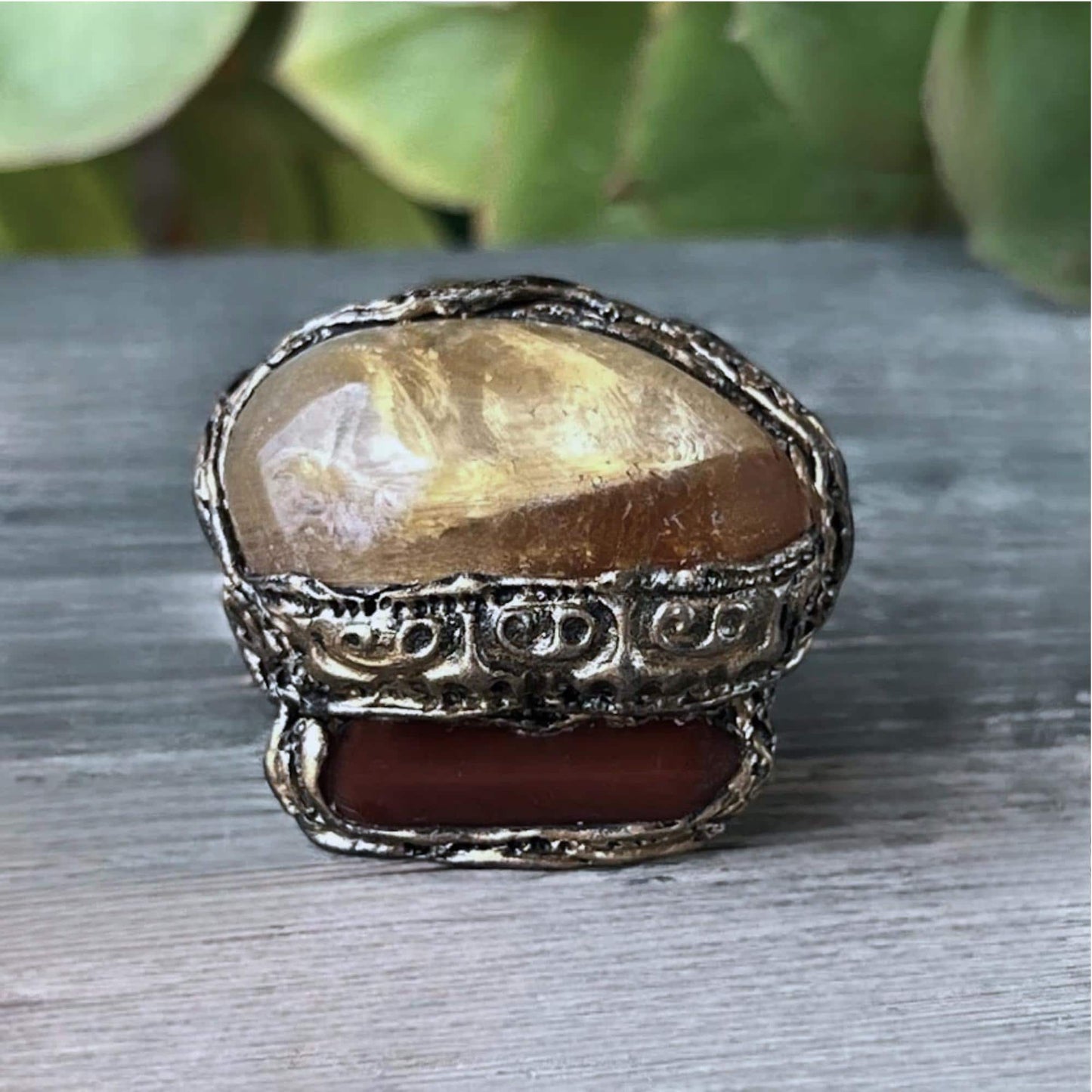 Oversized Citrine and Carnelian Crystal Ring -  Chunky Statement Cocktail Ring