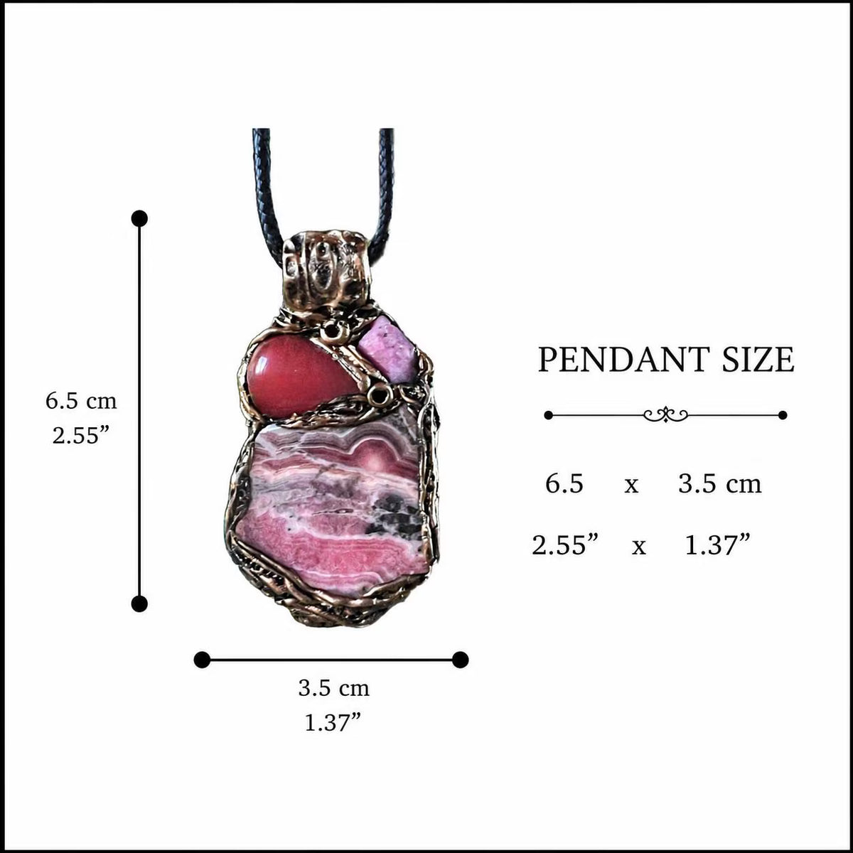 Handmade large pink crystal pendant necklace featuring Rhodochrosite, Ruby and Cherry Quartz gemstones in a sculptural one-of-a-kind love amulet design.