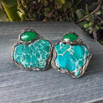 Ocean Jasper and Jadeite Statement Earrings -  Large Green Stone Clip-On Earrings