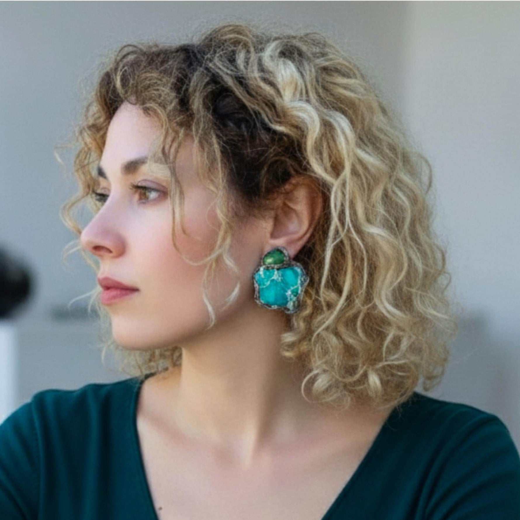 Ocean Jasper and Jadeite Statement Earrings -  Large Green Stone Clip-On Earrings