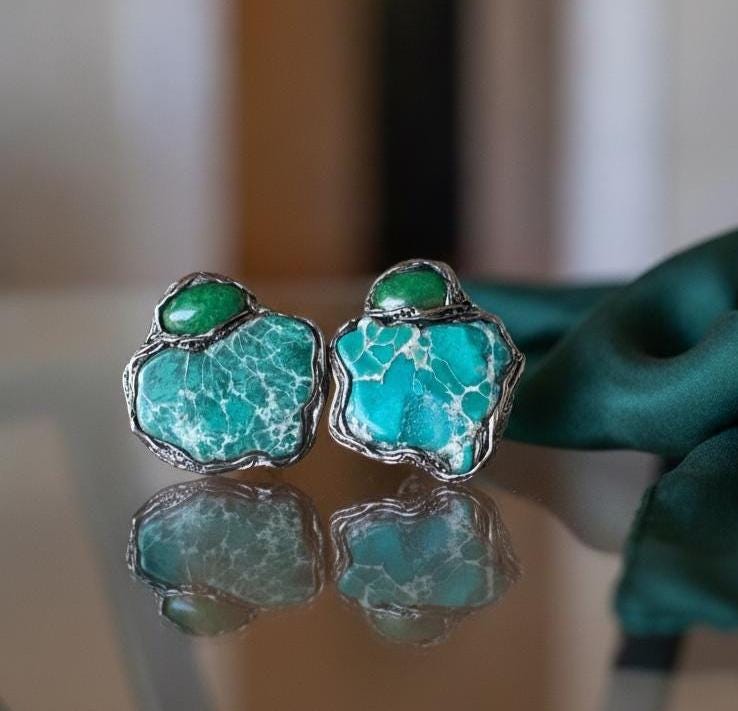 Ocean Jasper and Jadeite Statement Earrings -  Large Green Stone Clip-On Earrings