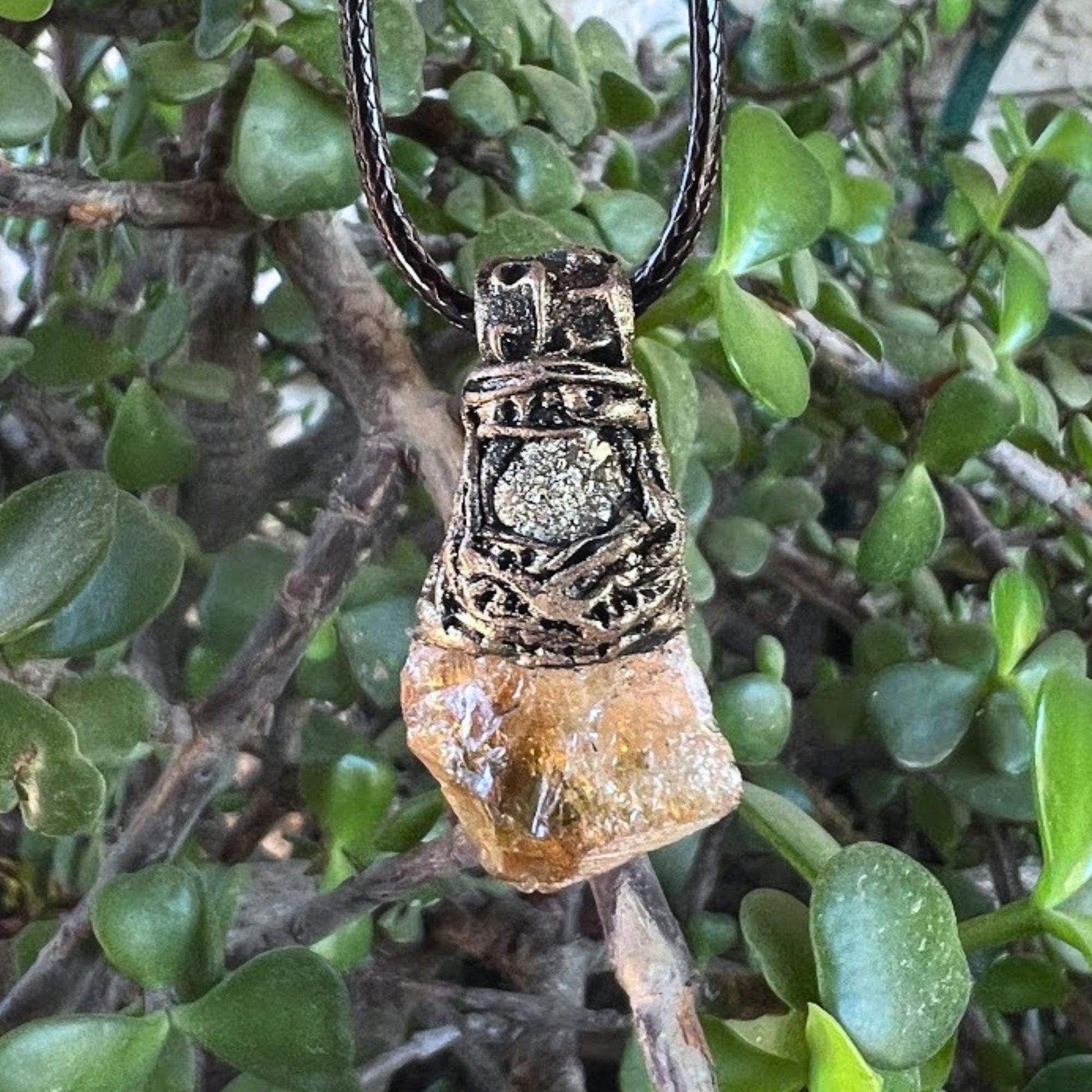 Citrine and Pyrite Pendant Necklace -  Good Luck Raw Crystal Amulet