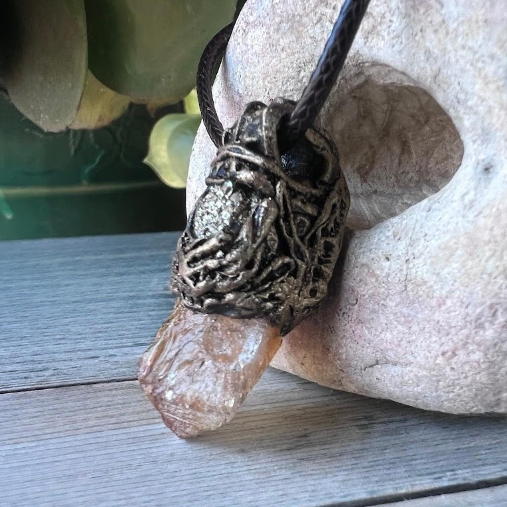Citrine and Pyrite Pendant Necklace -  Good Luck Raw Crystal Amulet