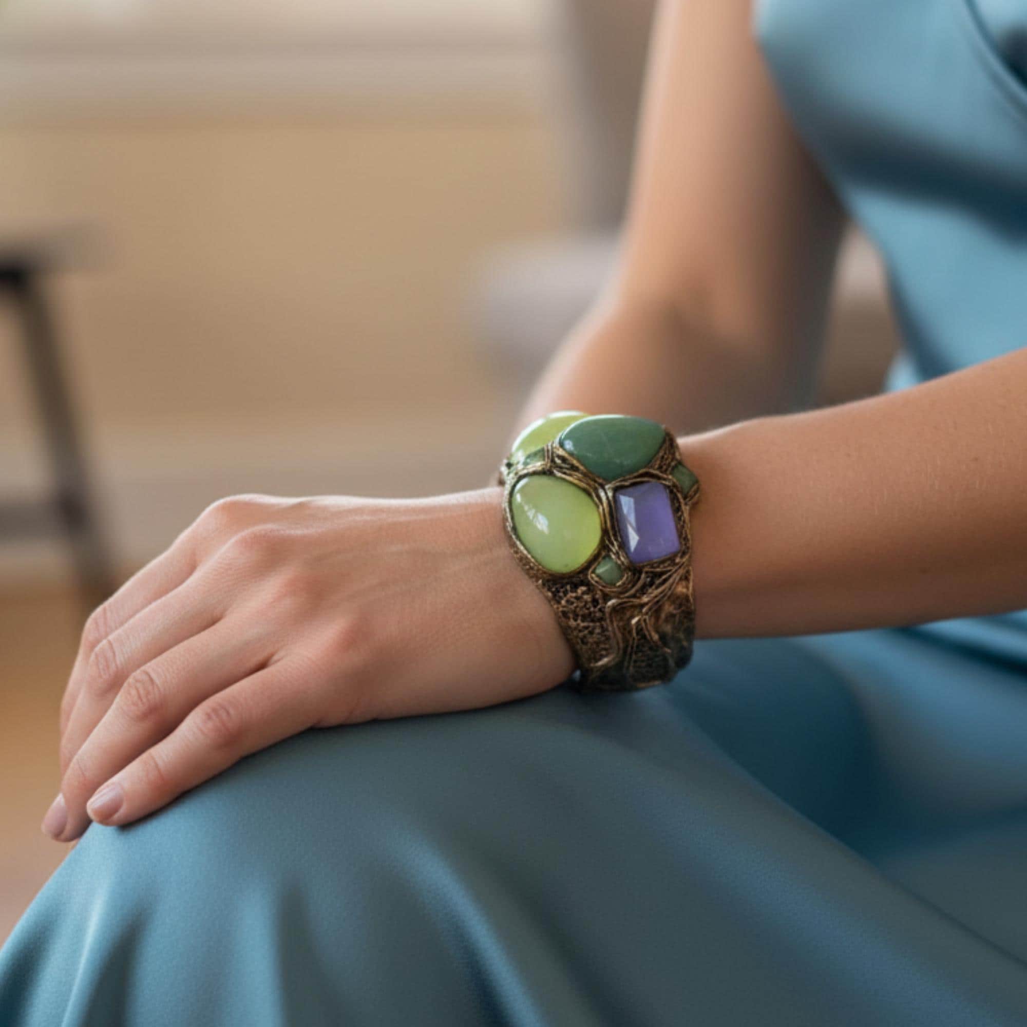 Onyx Chalcedony and Aventurine Wide Cuff Bracelet -  Green Stone Statement Bracelet