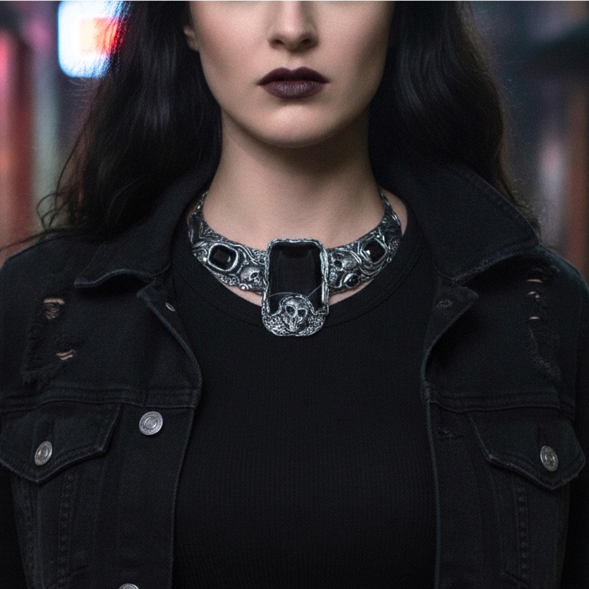 Onyx Skull Choker Necklace -  Gothic Statement Jewelry