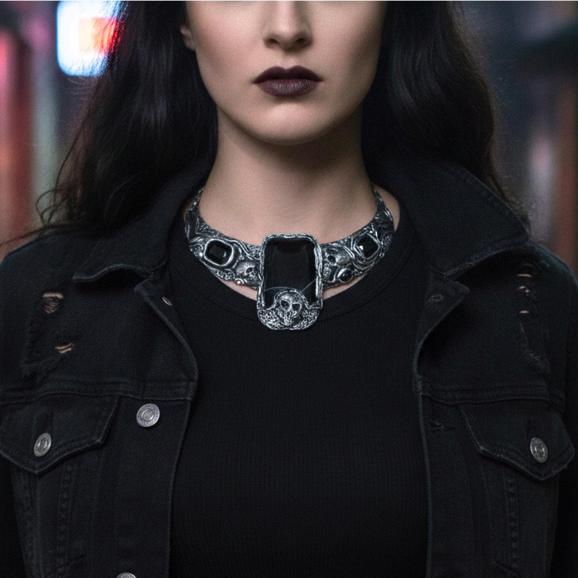 Onyx Skull Choker Necklace -  Gothic Statement Jewelry