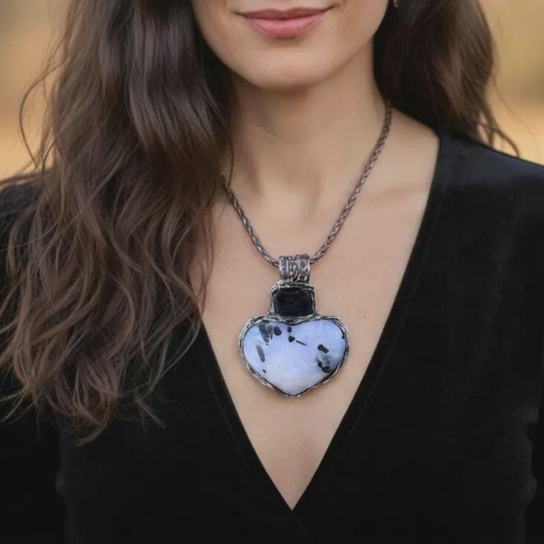 Moonstone Tourmaline and Black Onyx Ring Chunky Cocktail Statement Ring