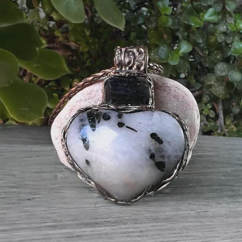 Moonstone Tourmaline and Black Onyx Ring Chunky Cocktail Statement Ring
