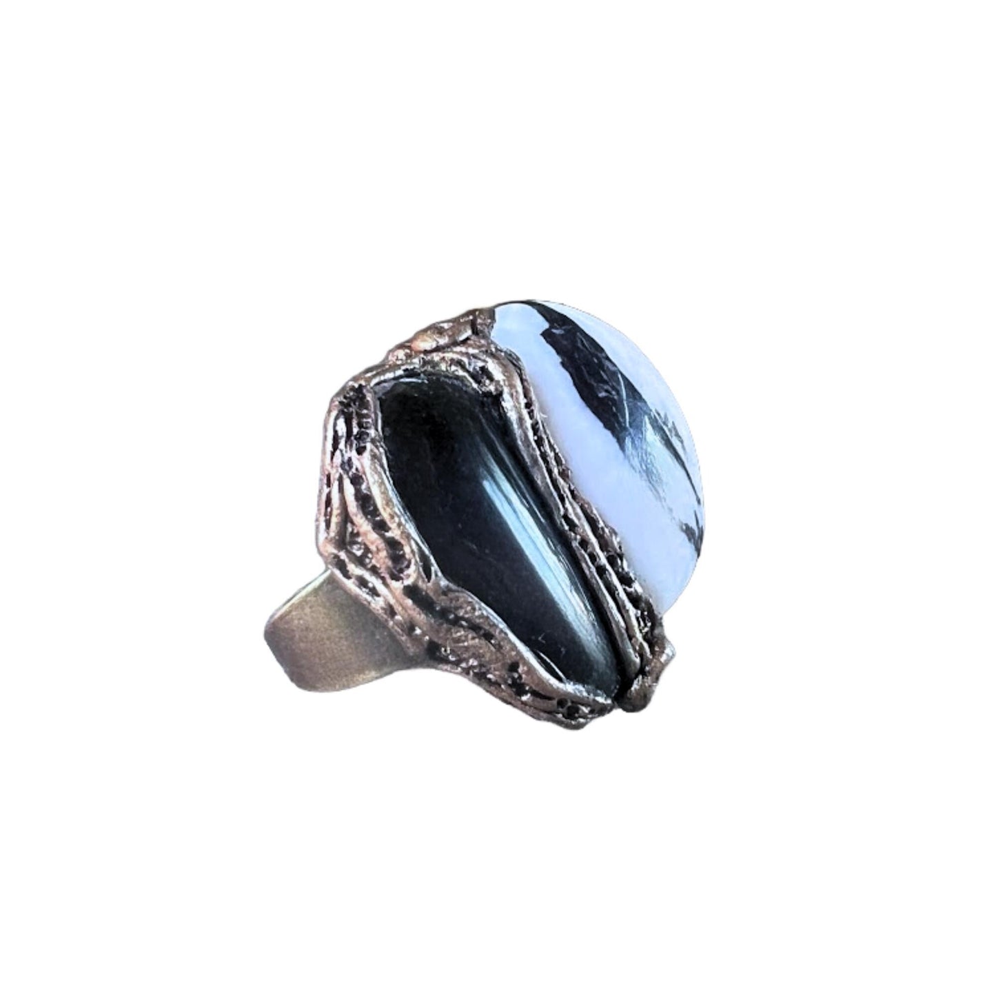 Moonstone Tourmaline and Black Onyx Ring Chunky Cocktail Statement Ring