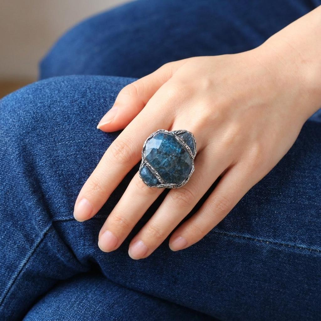 Apatite Raw Crystal Chunky Ring Blue Stone Cocktail Ring