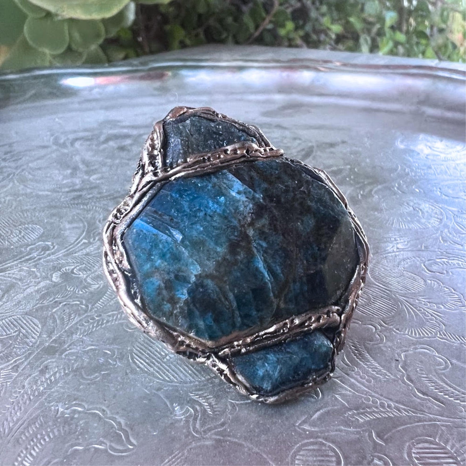 Apatite Raw Crystal Chunky Ring Blue Stone Cocktail Ring