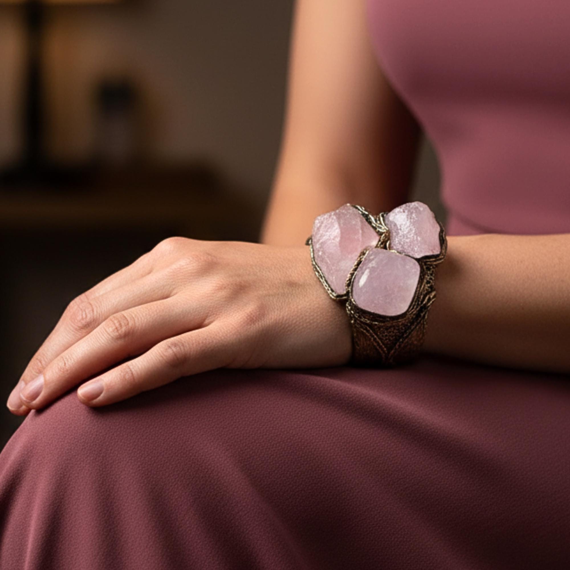 Gemstone Rose Quartz chunky cuff bracelet large statement