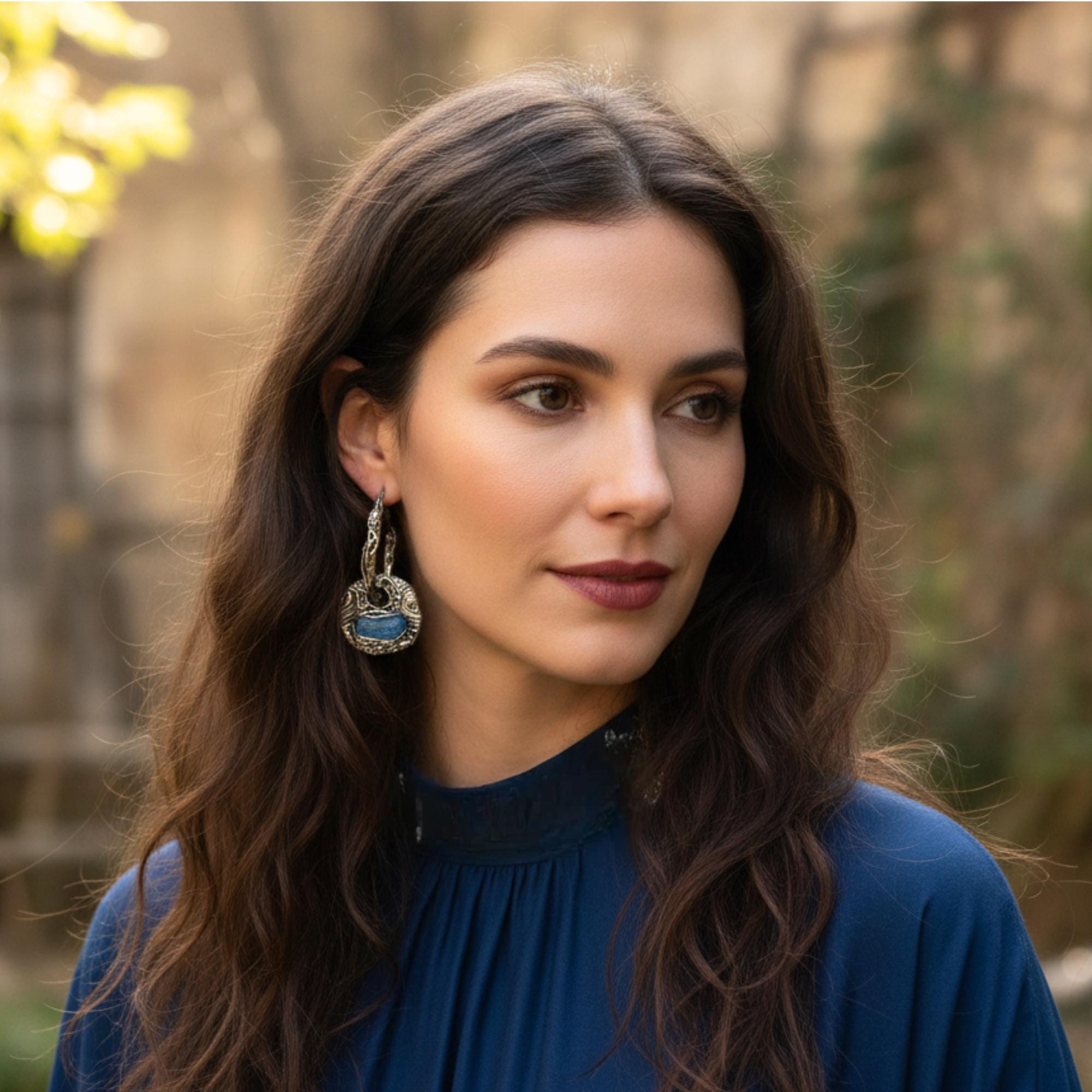 Blue Apatite Hoop Earrings -  Raw Crystal Charm Earrings