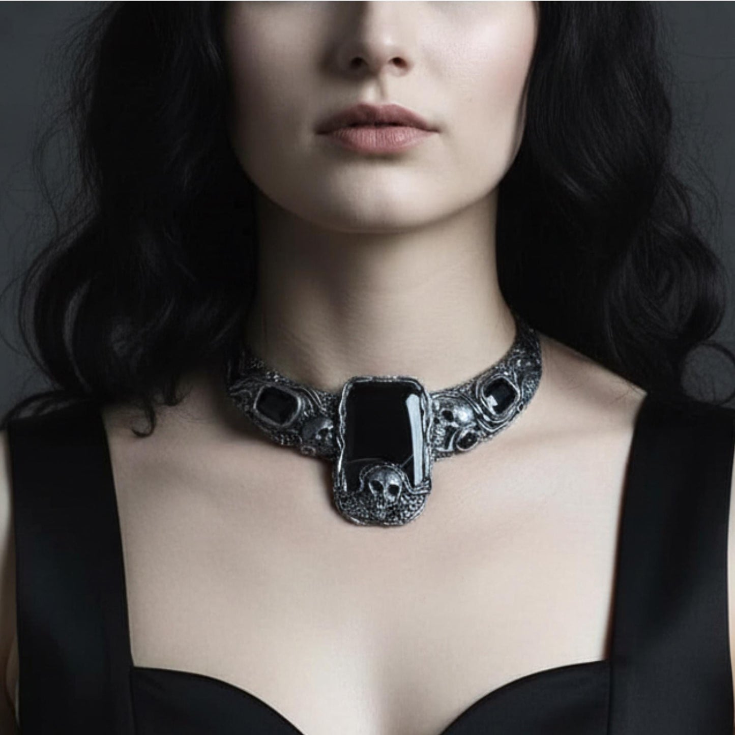 Onyx Skull Choker Necklace -  Gothic Statement Jewelry