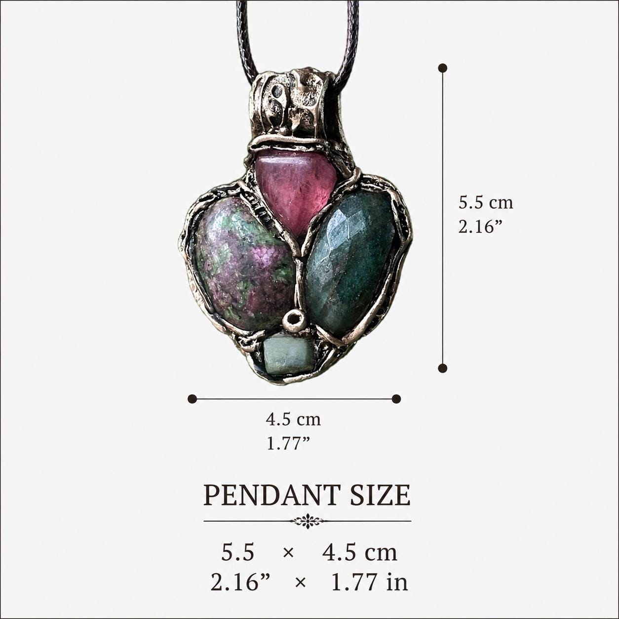 Ruby Zoisite Jade and Cherry Quartz Pendant Necklace -  Green Pink Crystal Amulet