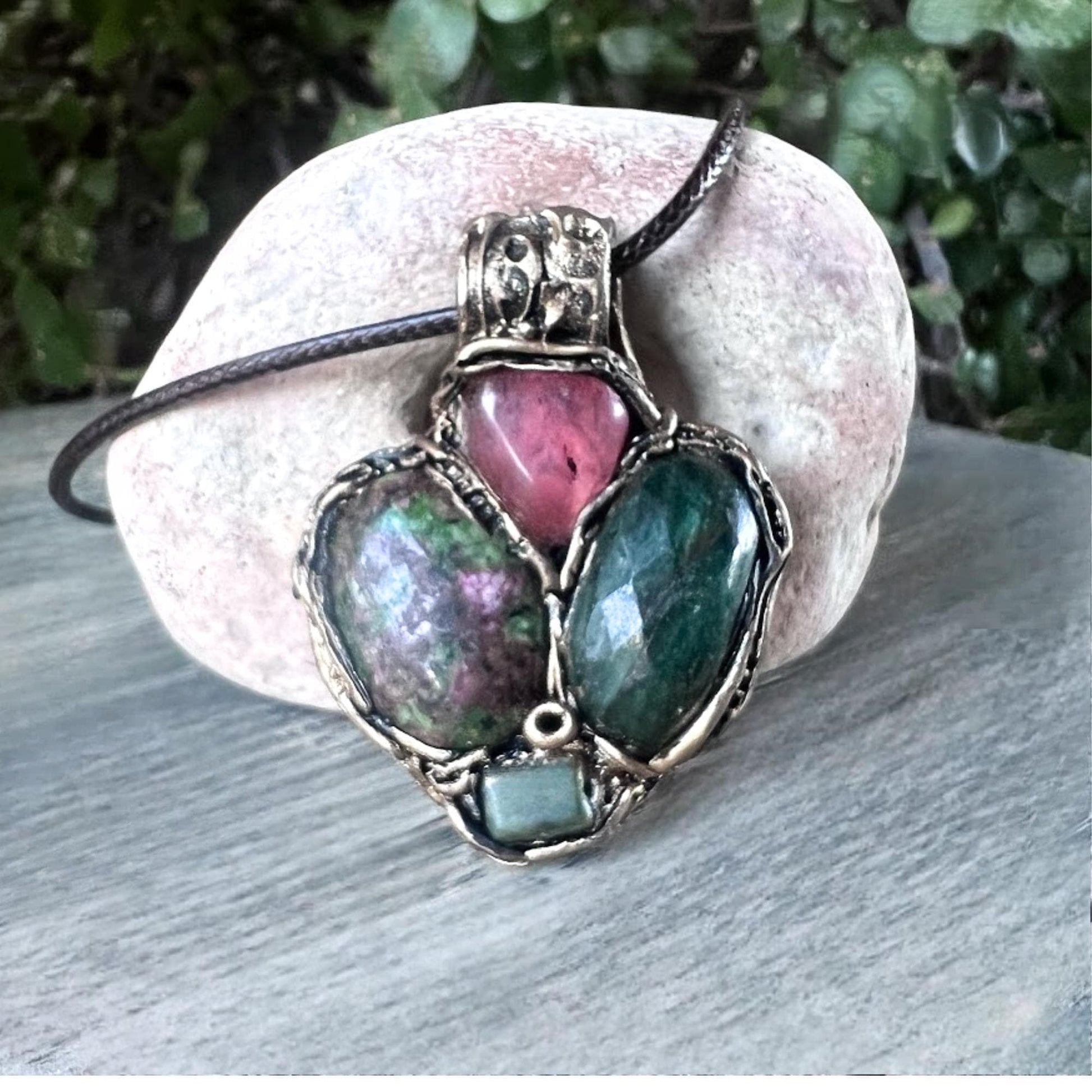 Ruby Zoisite Jade and Cherry Quartz Pendant Necklace -  Green Pink Crystal Amulet