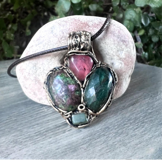 Ruby Zoisite Jade and Cherry Quartz Pendant Necklace -  Green Pink Crystal Amulet