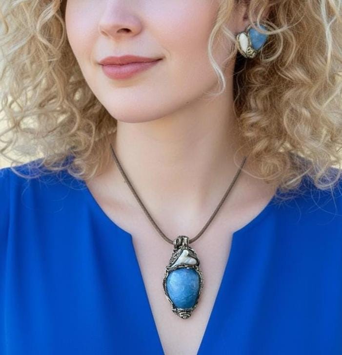 Aquamarine and Pearl Teardrop Pendant Necklace -  Healing Crystal Amulet