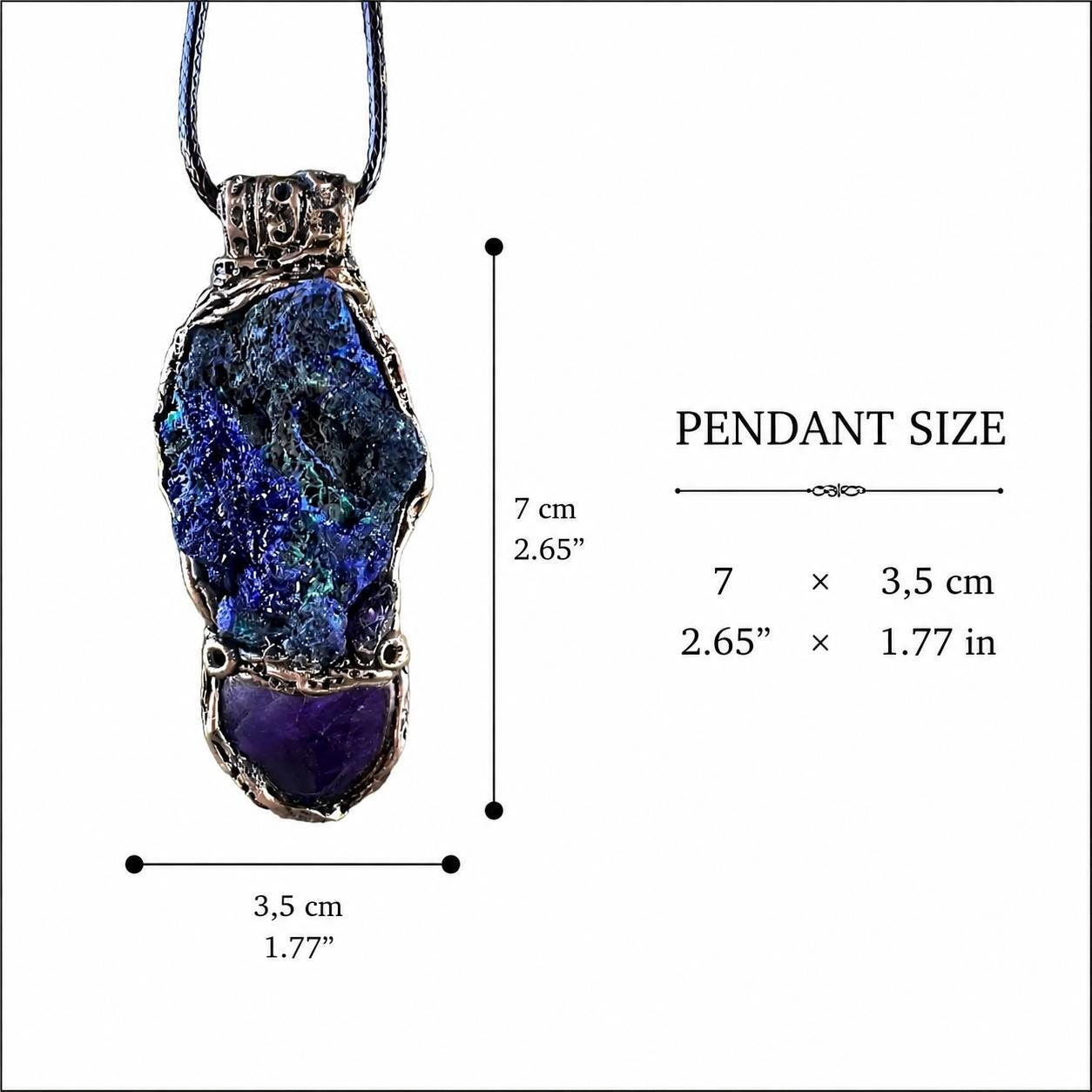 Amethyst and Azurite Malachite Pendant -  Raw Healing Crystal Amulet Necklace