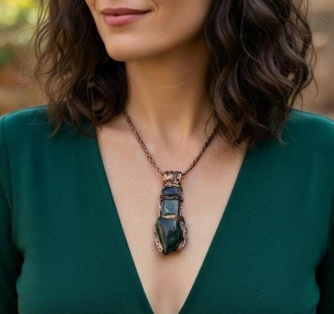 Seraphinite Amulet Pendant Necklace with Jade and Apatite - Green Healing Spiritual Jewelry