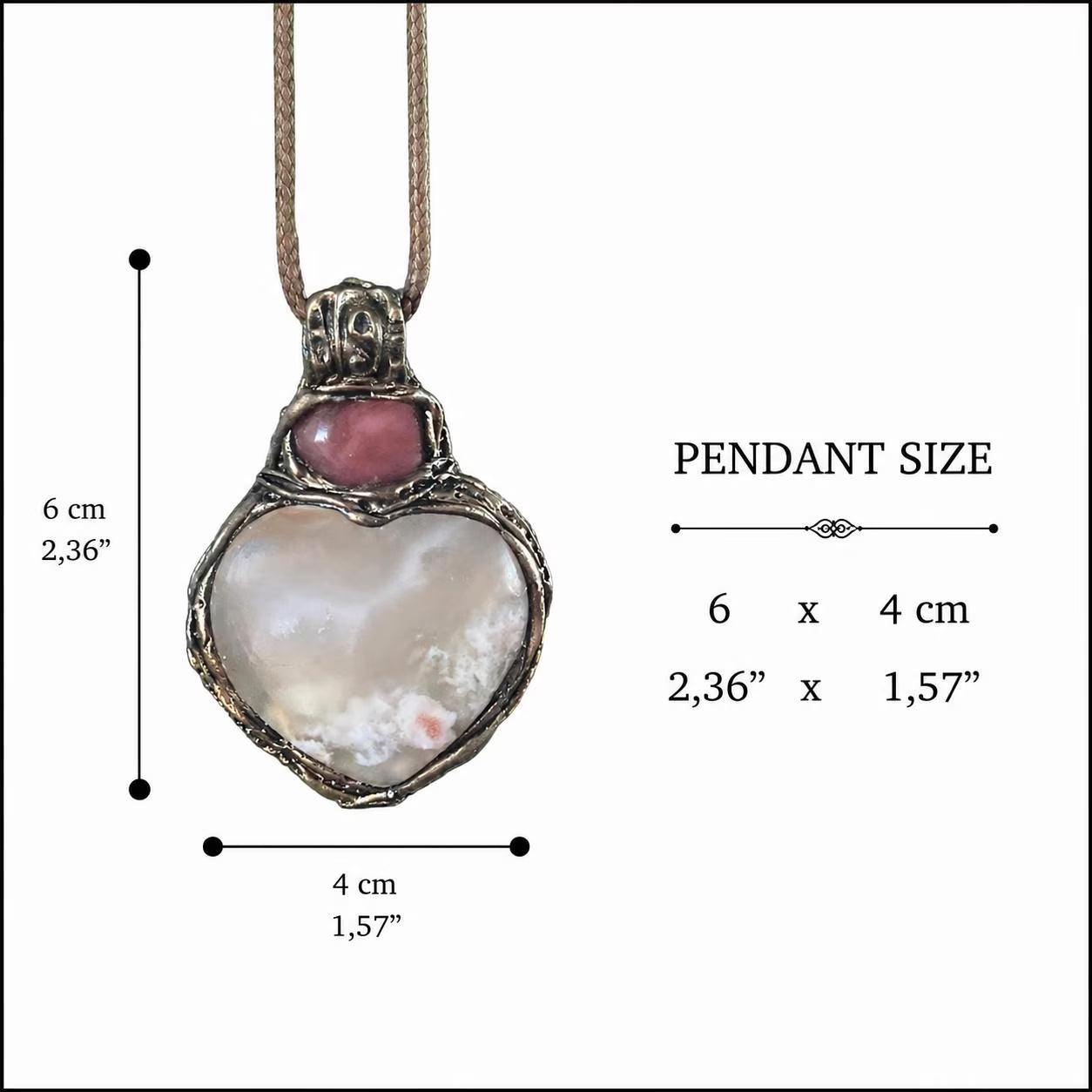 Flower Agate heart stone pendant necklace with Cherry Quartz, healing crystal amulet jewelry.