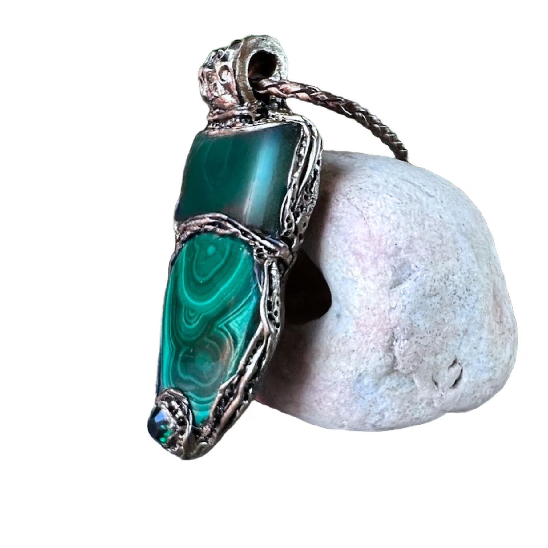 Malachite & Jade Green Large Stone Amulet Necklace.