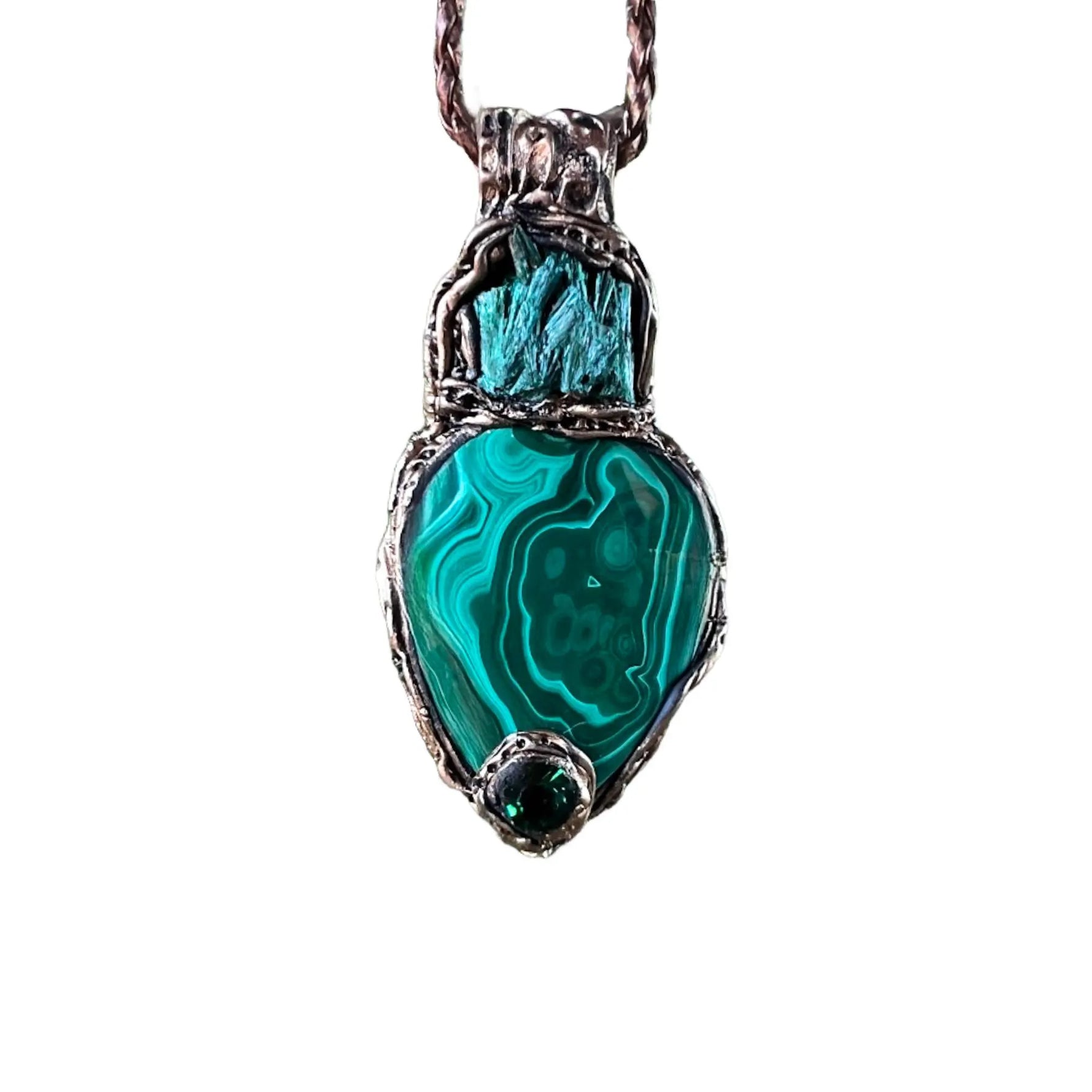 Malachite Green Raw Crystal Amulet Pendant Necklace.