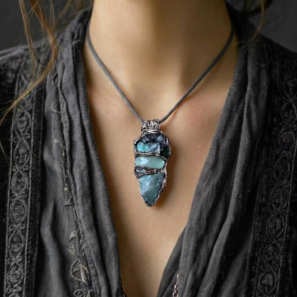 Raw Emerald and Aventurine Pendant Necklace – Green Crystal Amulet.