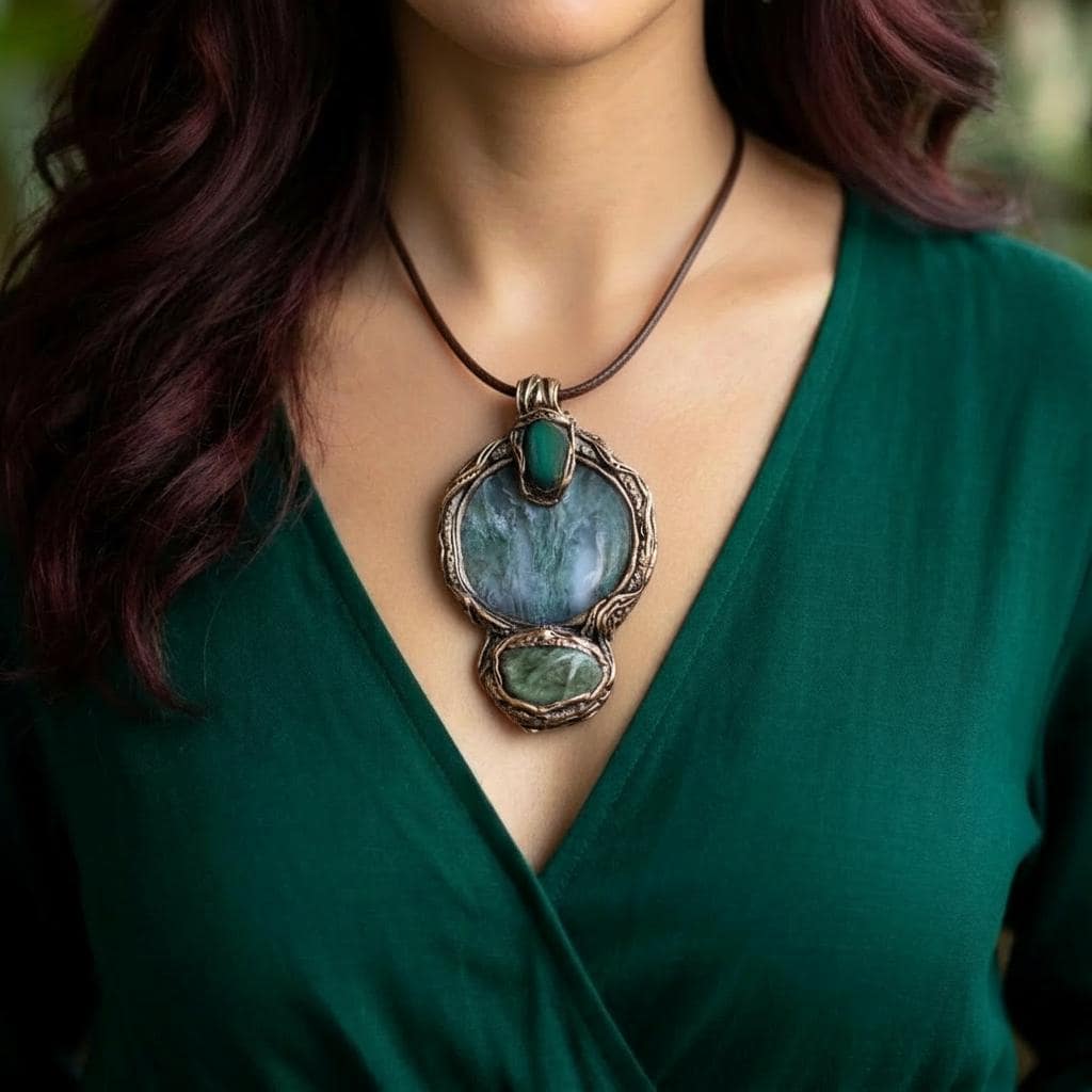 Moss Agate, Jade, Apatite Pendant Necklace - Green Stone Amulet