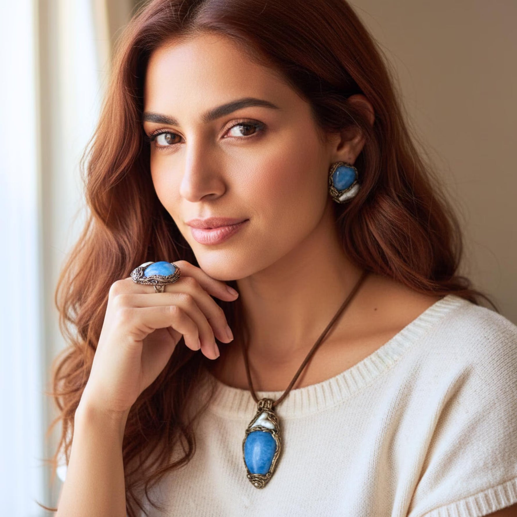 Aquamarine and pearl teardrop pendant, ring, earrings light blue statement  jewelry.