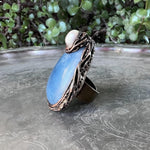Oversized aquamarine and pearl teardrop cocktail ring, light blue statement gemstone jewelry.
