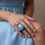 Oversized aquamarine and pearl teardrop cocktail ring, light blue statement gemstone jewelry.