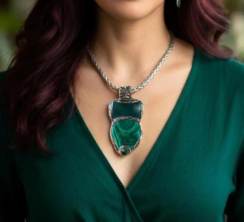 Malachite & Jade Green Large Stone Amulet Necklace.