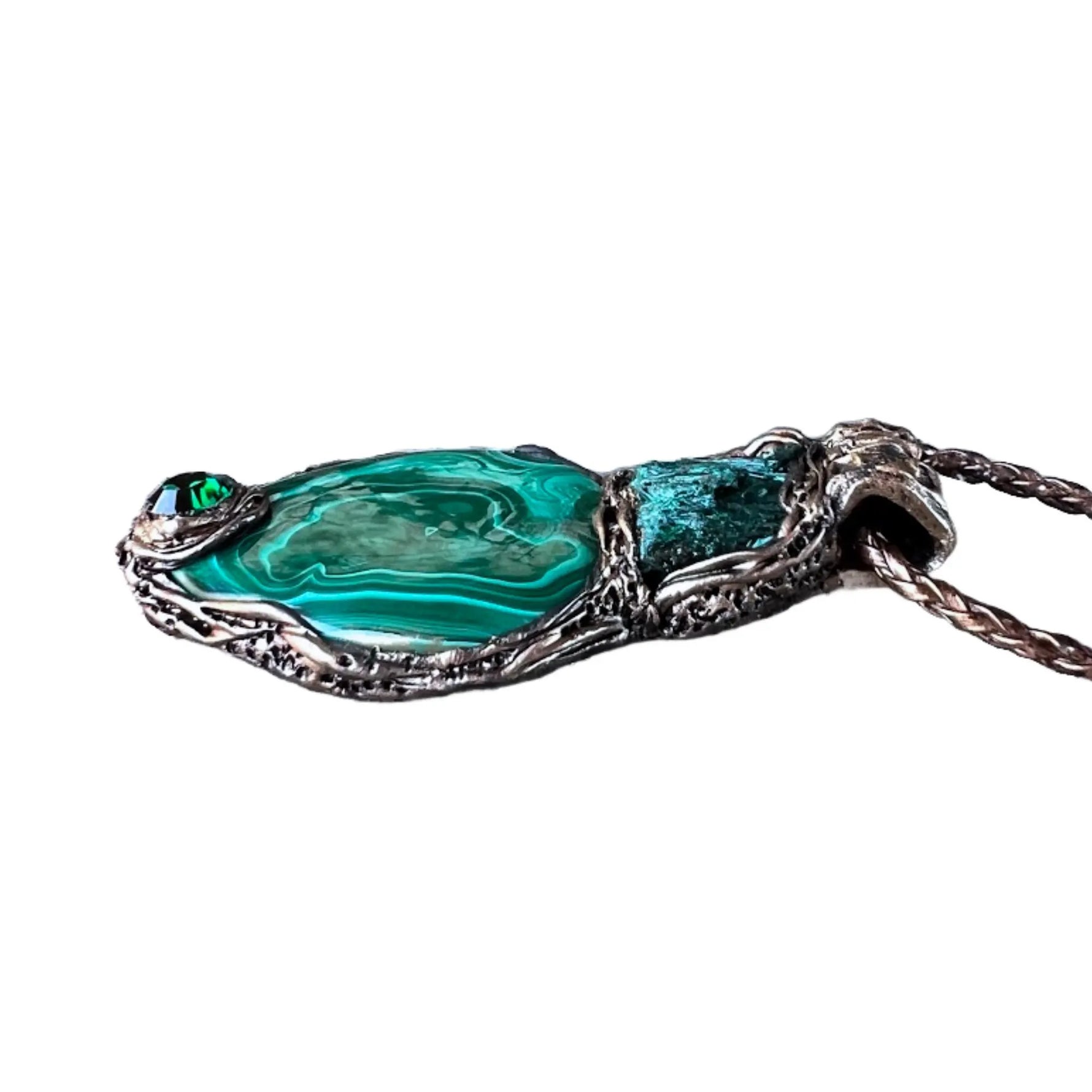 Malachite Green Raw Crystal Amulet Pendant Necklace.