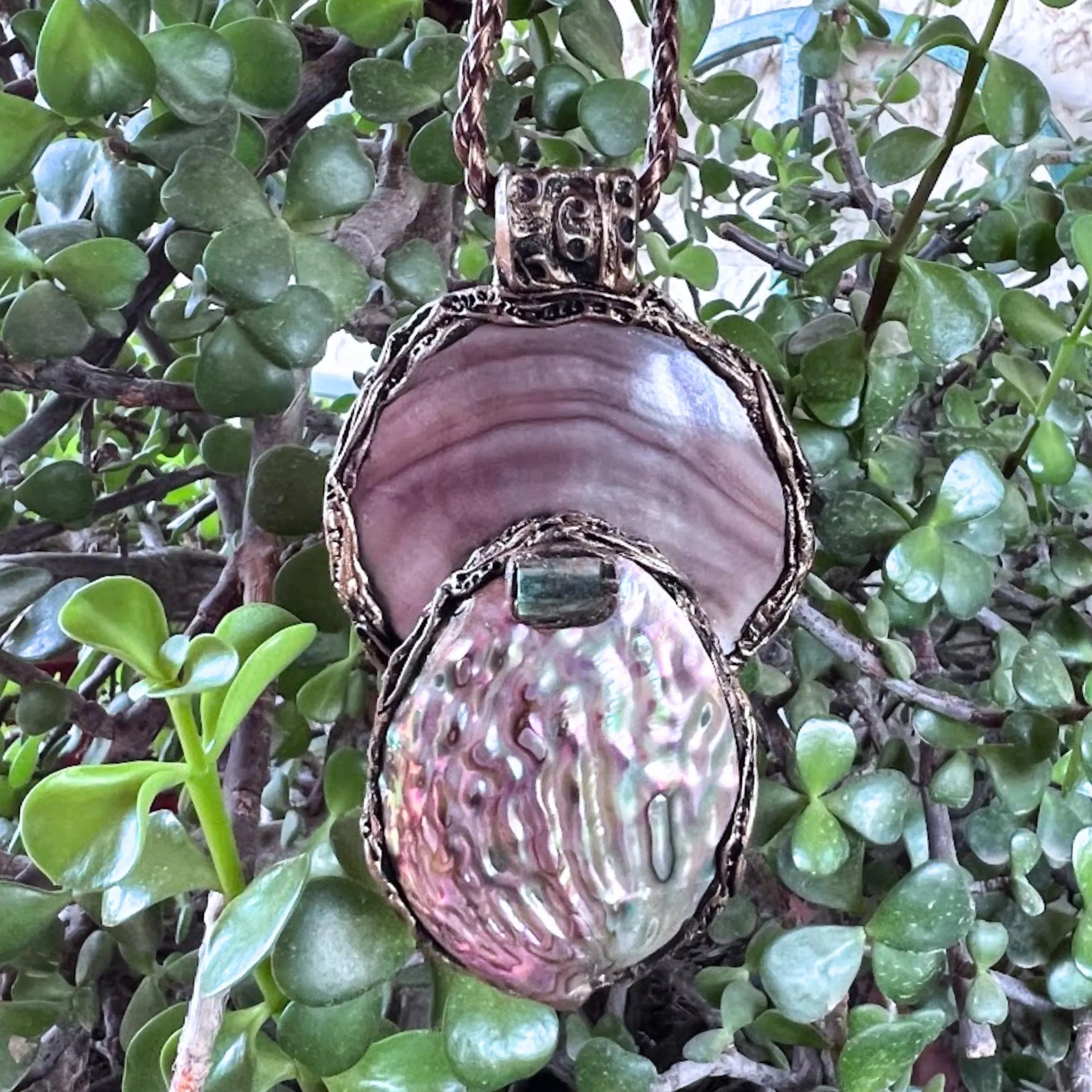 Mother of Pearl, Abalone and Epidote Pendant Necklace.