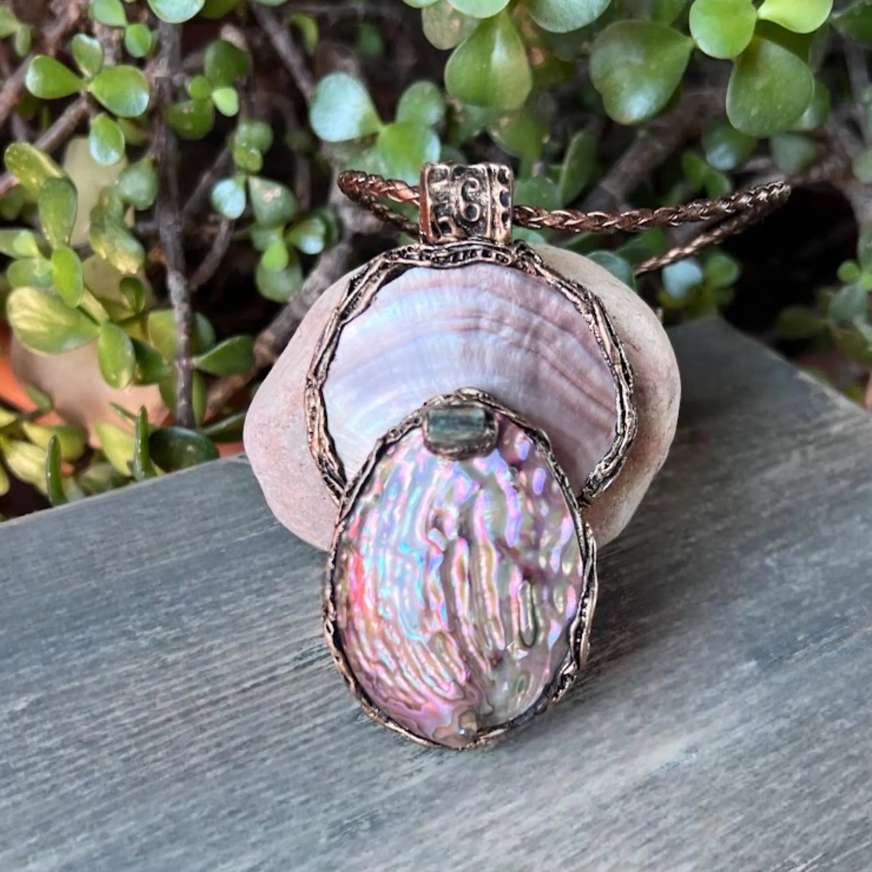 Mother of Pearl, Abalone and Epidote Pendant Necklace.