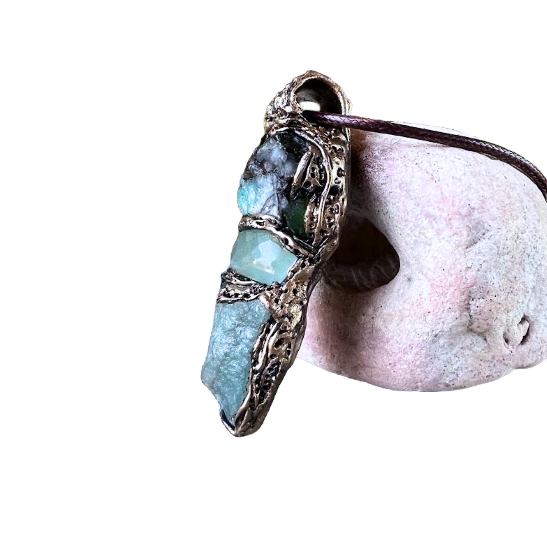 Raw Emerald and Aventurine Pendant Necklace – Green Crystal Amulet.