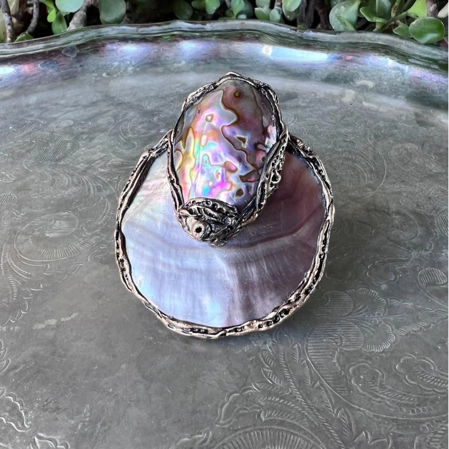 Mother of Pearl & Abalone Large Statement Cocktail Ring.