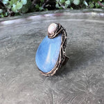 Oversized aquamarine and pearl teardrop cocktail ring, light blue statement gemstone jewelry.