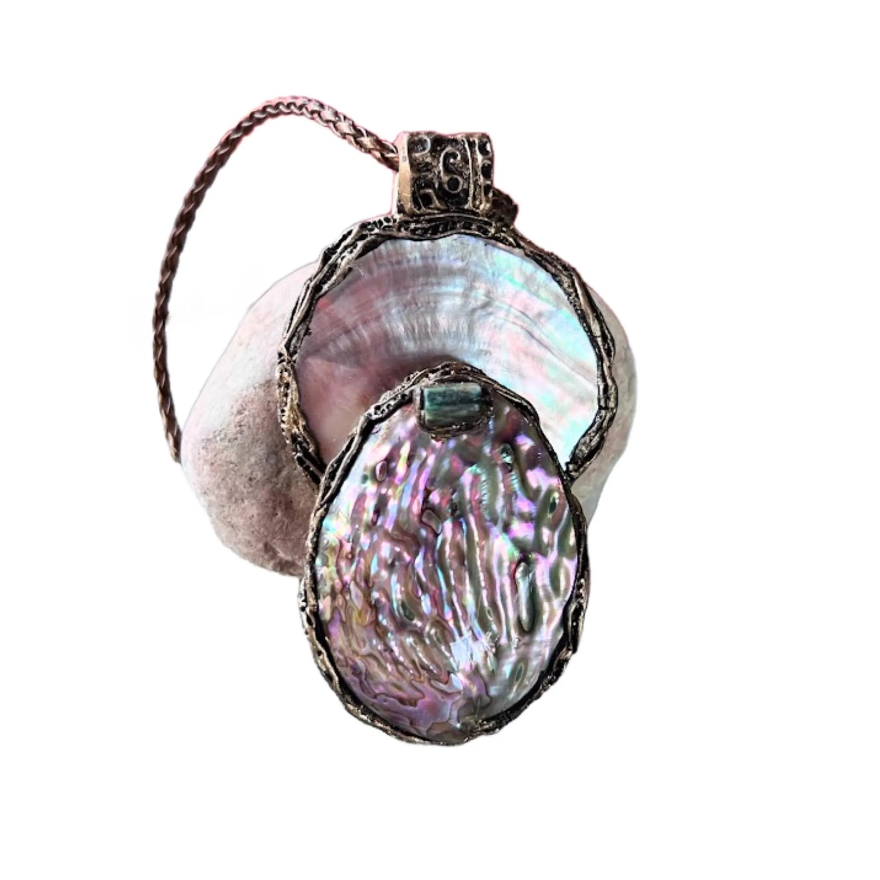 Mother of Pearl, Abalone and Epidote Pendant Necklace.