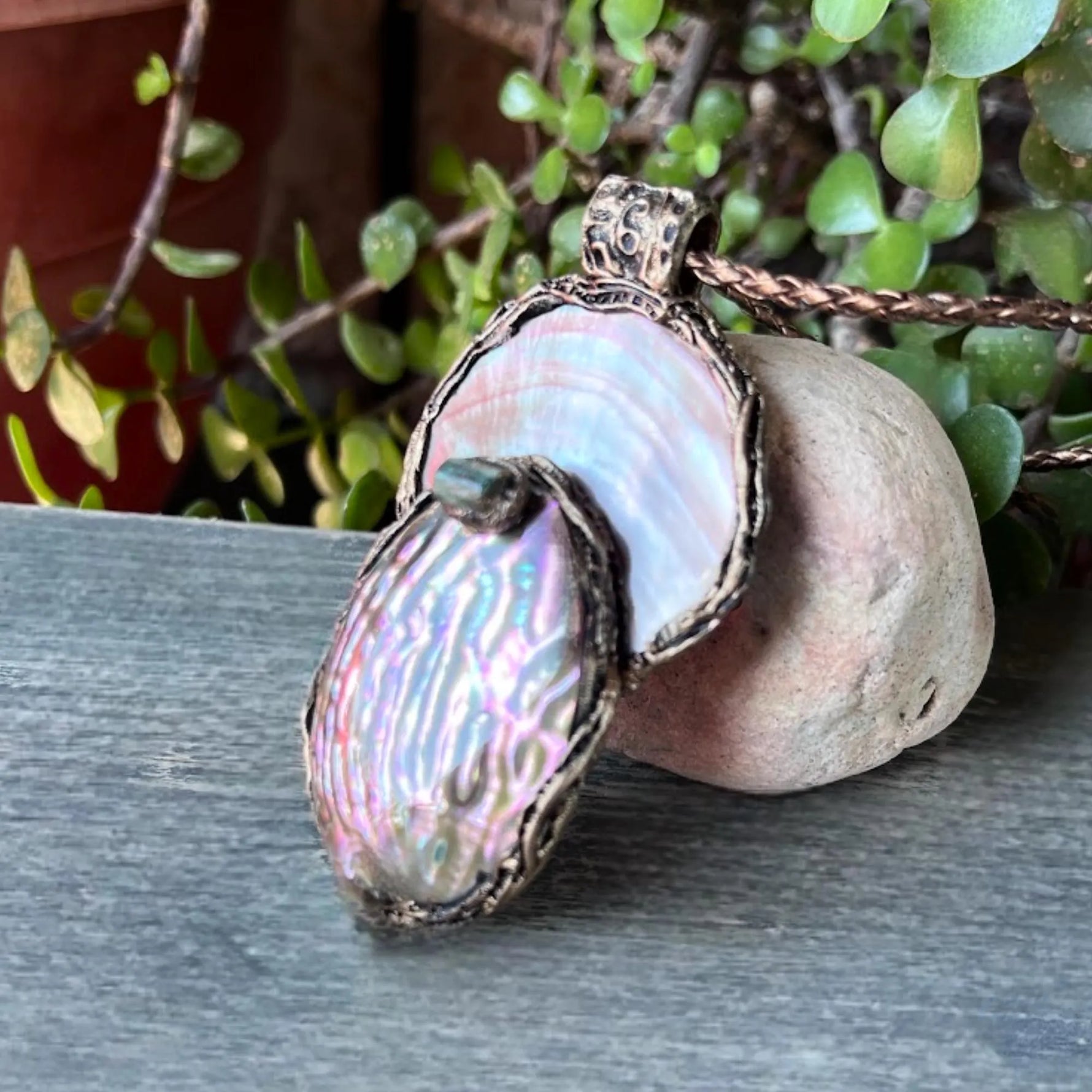 Mother of Pearl, Abalone and Epidote Pendant Necklace.