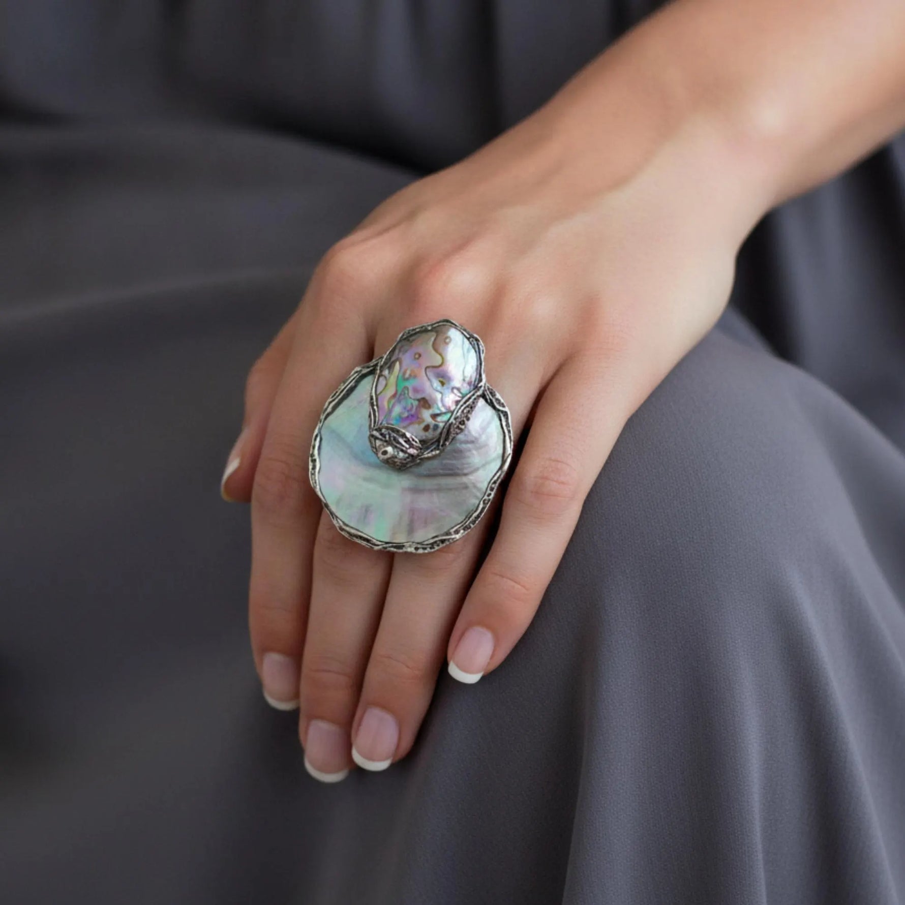 Mother of Pearl & Abalone Large Statement Cocktail Ring.