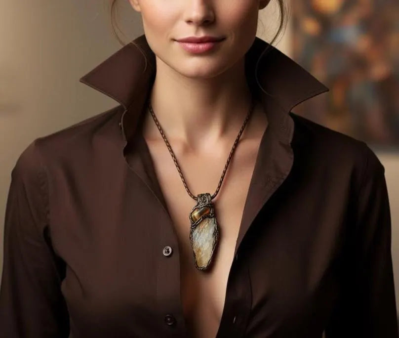 Citrine and Tigers Eye Crystal Amulet Pendant Necklace