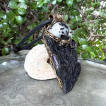 Black Kyanite & Tourmaline Quartz pendant necklace with natural raw crystals. A one-of-a-kind empath protection amulet for grounding and clarity.