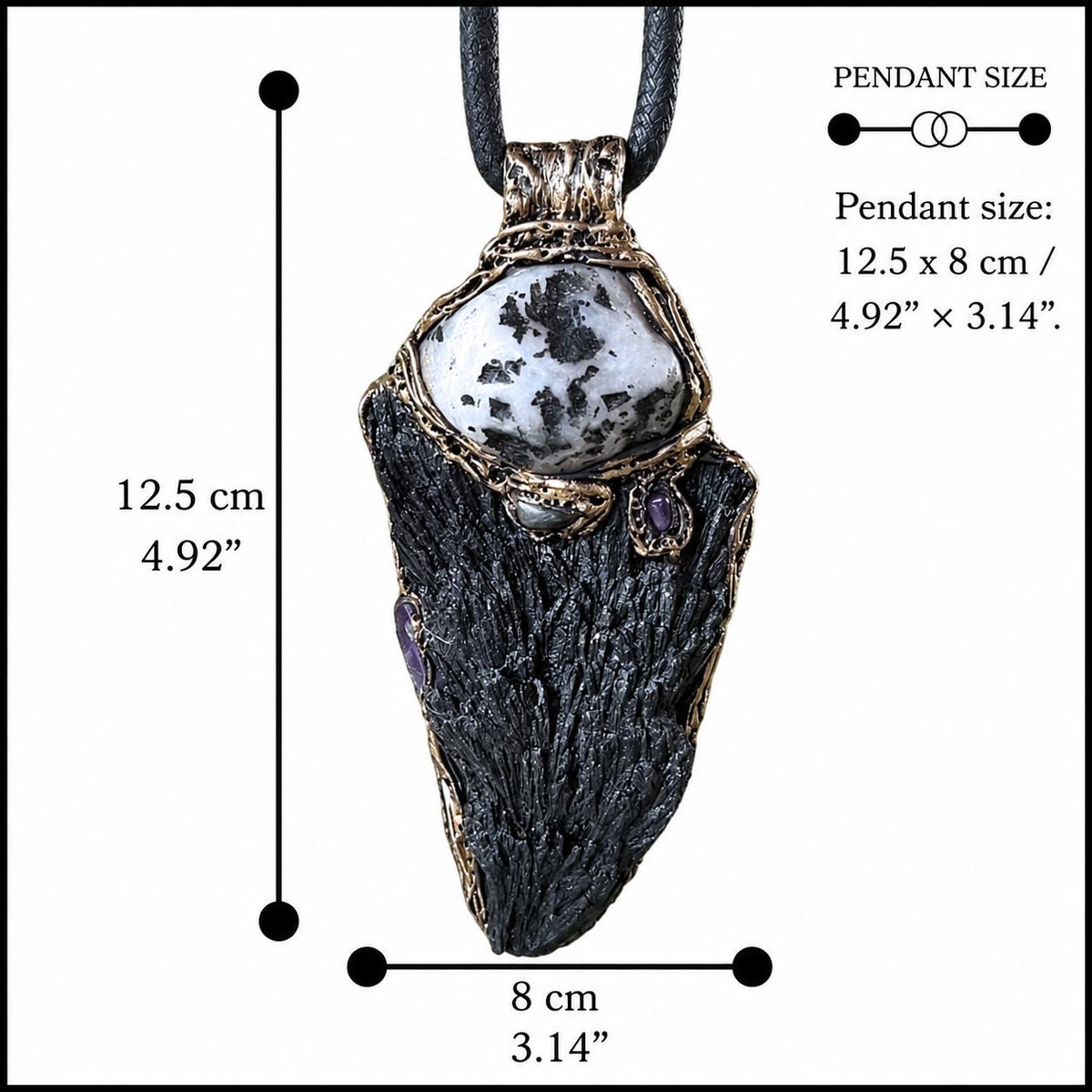 Black Kyanite & Tourmaline Quartz pendant necklace with natural raw crystals. A one-of-a-kind empath protection amulet for grounding and clarity.