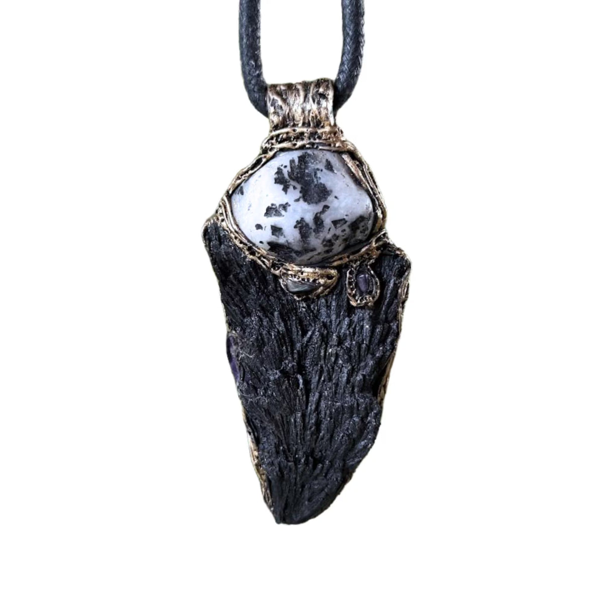 Black Kyanite & Tourmaline Quartz pendant necklace with natural raw crystals. A one-of-a-kind empath protection amulet for grounding and clarity.