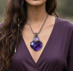 Chunky Amethyst Necklace - Purple Heart Crystal Pendant.