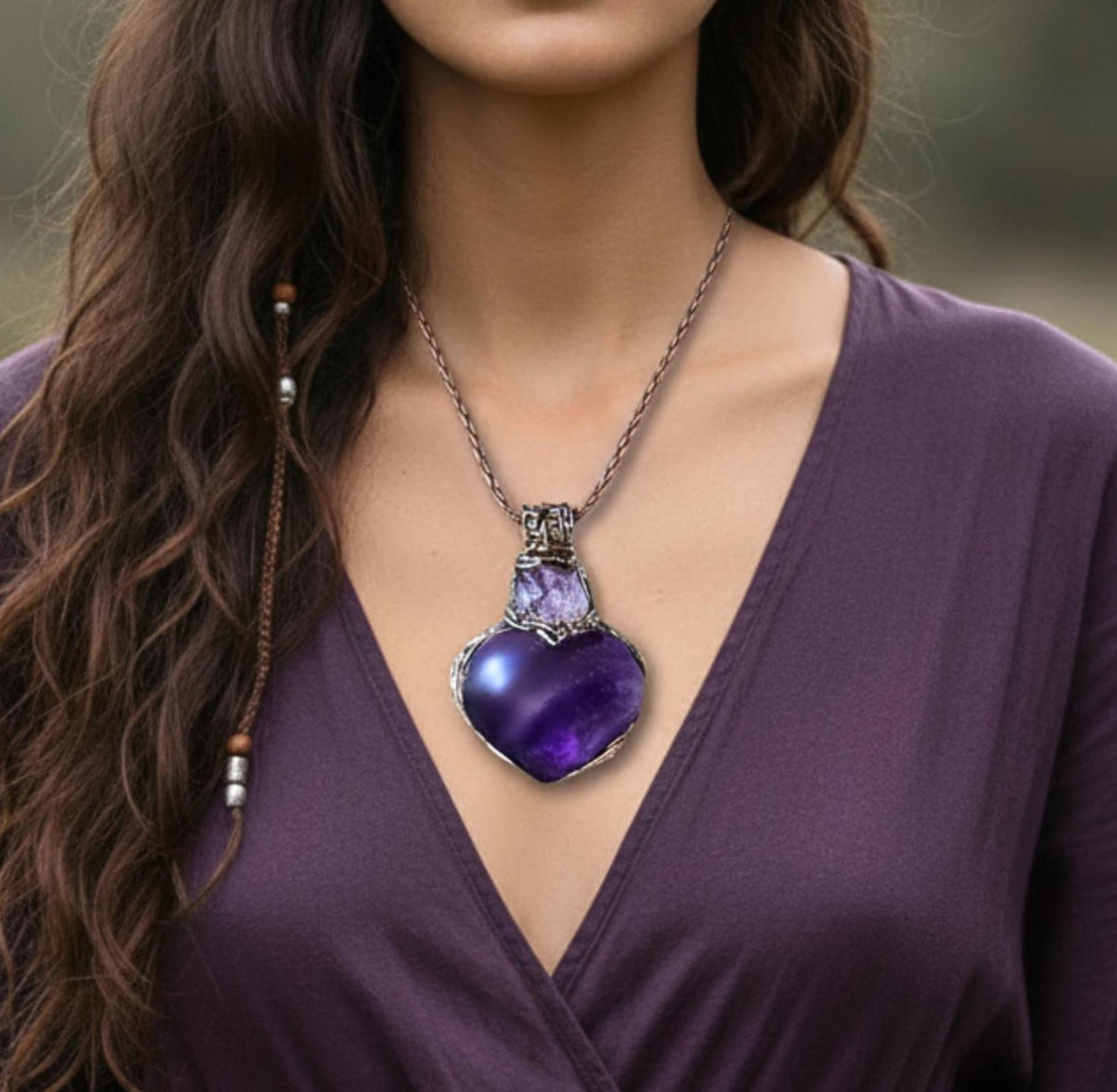 Chunky Amethyst Necklace - Purple Heart Crystal Pendant.