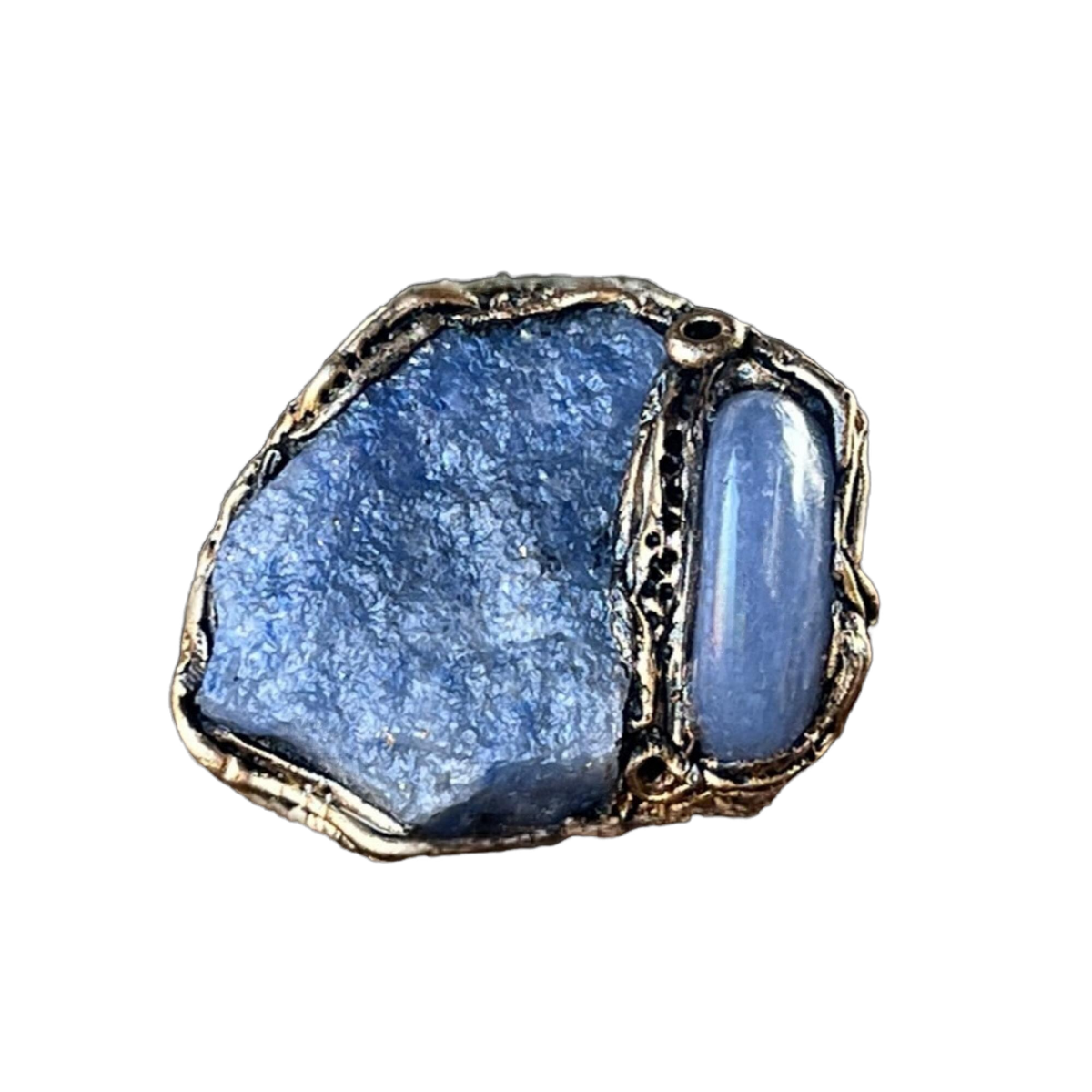 Large Blue Aventurine and Blue Onyx statement ring with two natural blue stones in a handcrafted sculptural setting.