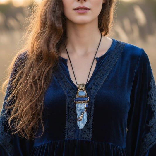 Blue Kyanite Lapis Lazuli Onyx Raw Healing Stone Amulet Necklace